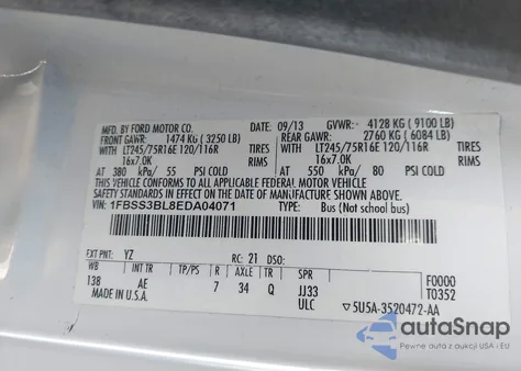 2014 Ford E-350 Super Duty Xl from USA, damaged, VIN 1FBSS3BL8EDA04071